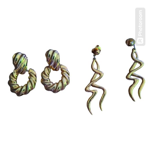 Two Pairs of Gold Tone Dangling Pierced Earrings - Picture 1 of 4